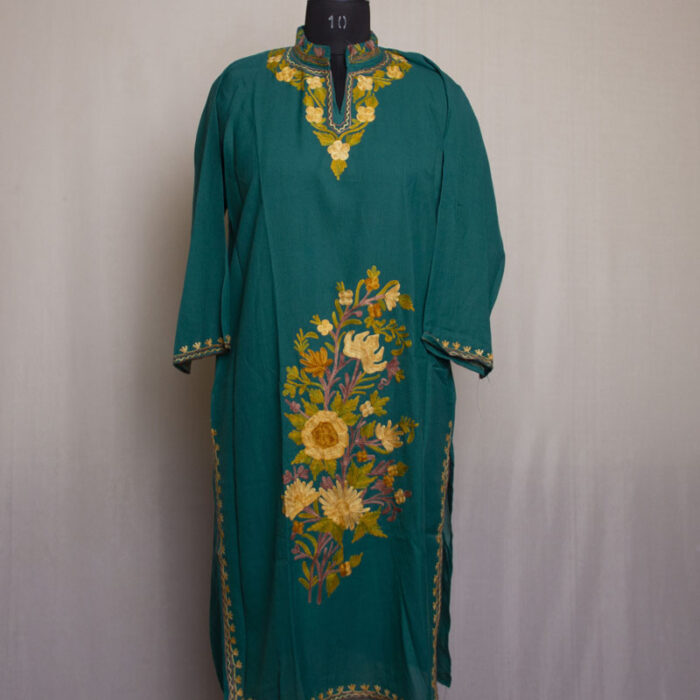Green Chinari Summer Cool Cotton Aari Kurta With Collar - Image 2