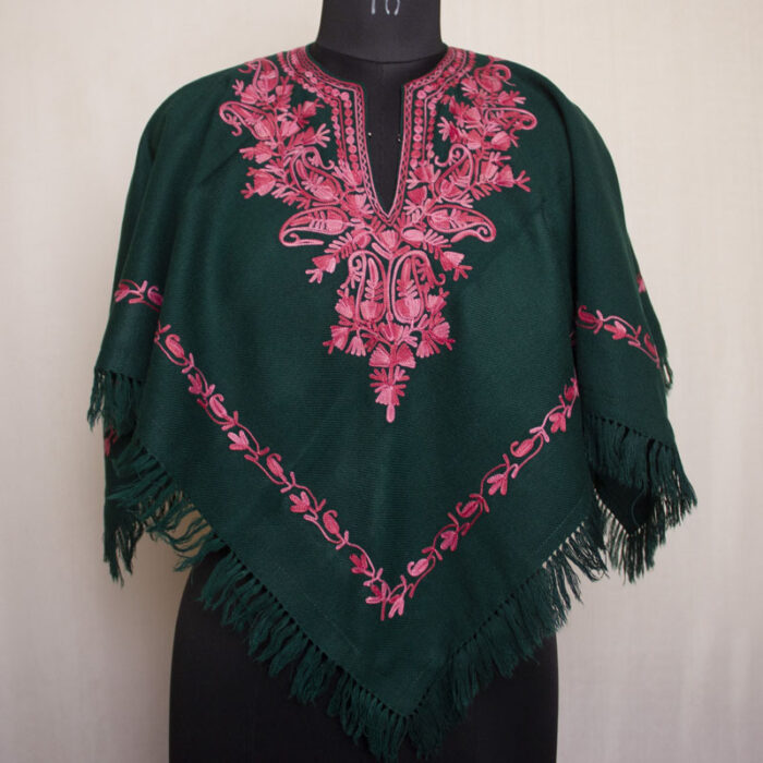 Dark Green Posh Kashmiri Poncho With Aari Embroidery