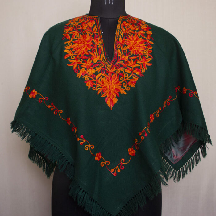 Dark Green Harud Kashmiri Poncho With Aari Embroidery