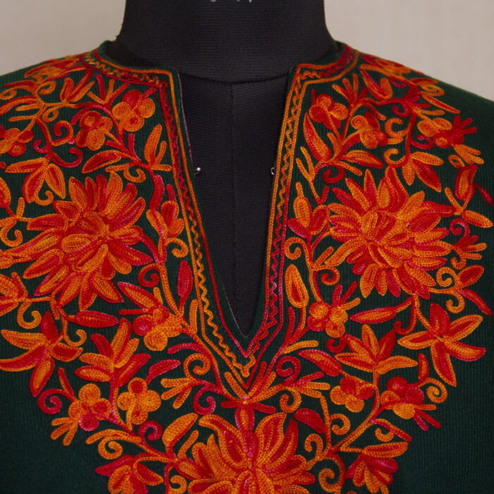 Dark Green Harud Kashmiri Poncho With Aari Embroidery - Image 2