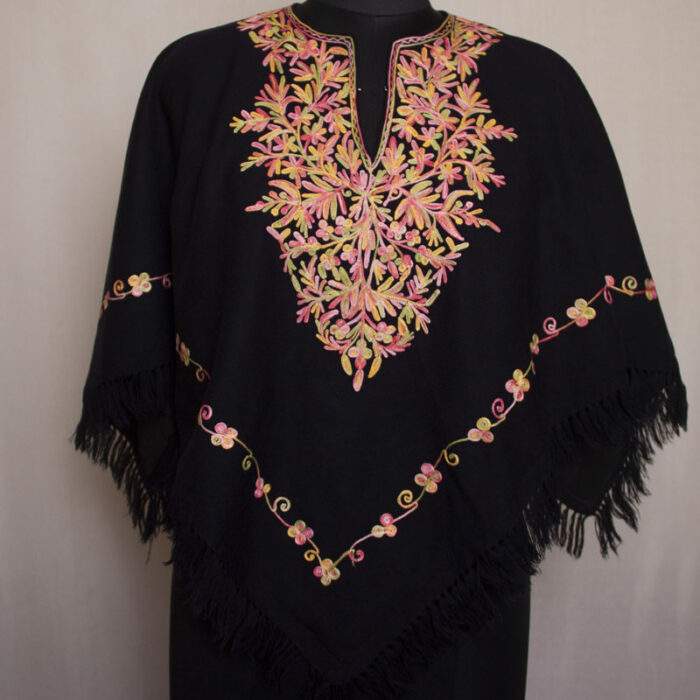 Black Shahi Kashmiri Poncho With Aari Embroidery