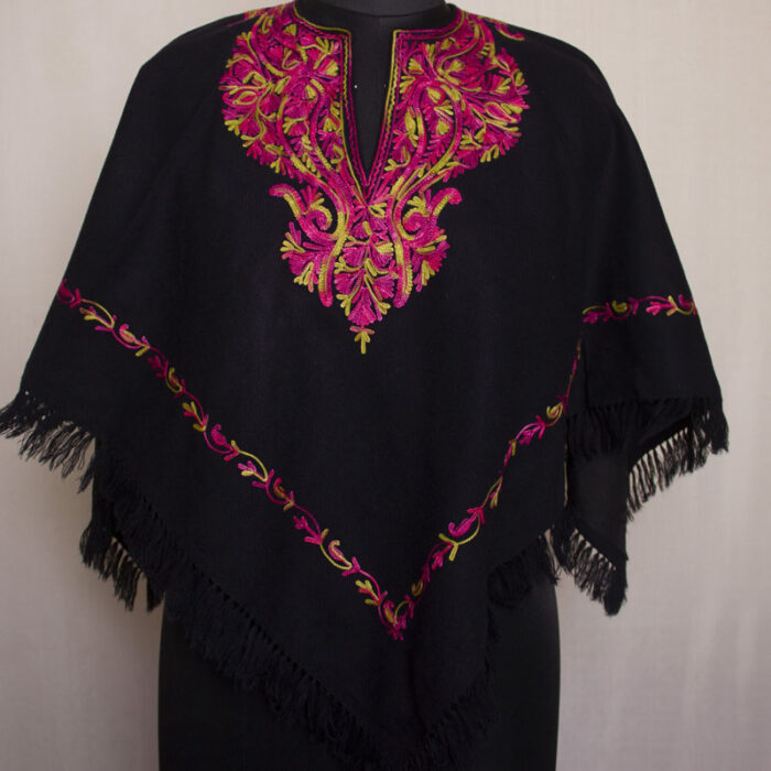 Black Kashmiri Poncho With Aari Embroidery