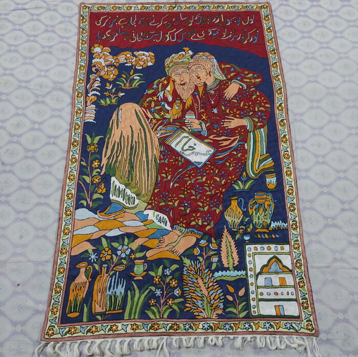 Omar Khayyam and Saki Handmade Chainstitch Silk Wall Hanging 3x5 ft