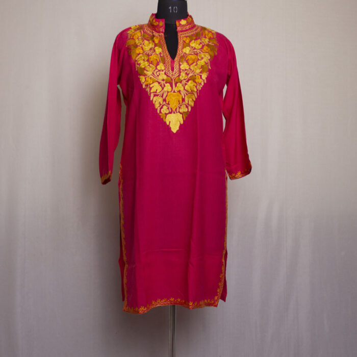 Pink Chinari Summer Cool Cotton Aari Kurta With Collar - Image 3