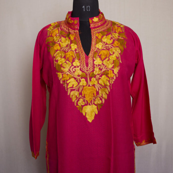 Pink Chinari Summer Cool Cotton Aari Kurta With Collar
