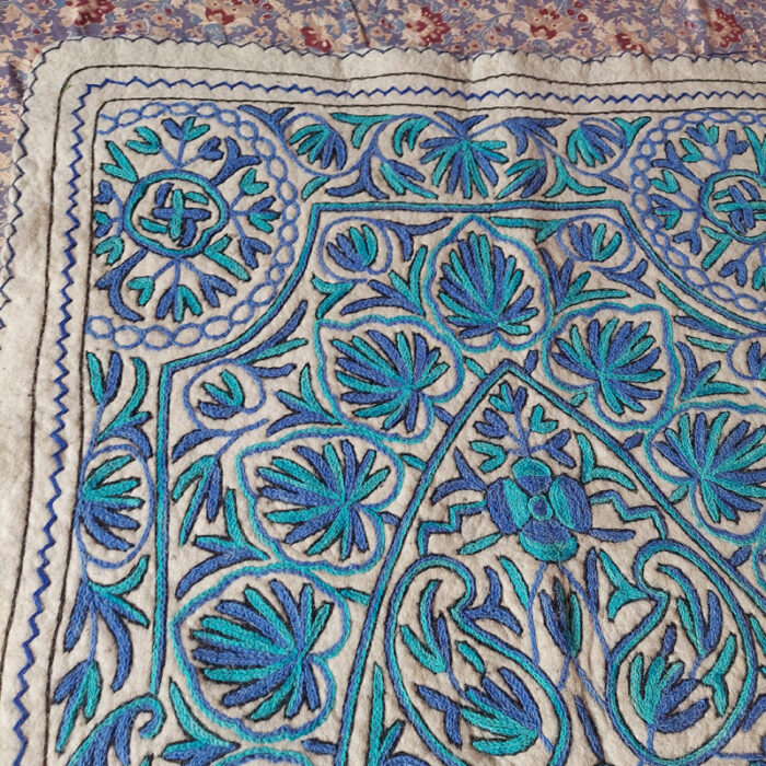Blue on White Pure Wool Handmade Aari Embroidered 6×4Ft Namda Rug - Image 2
