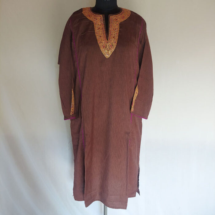 Brown Cotton Summer Pheran with Tilla Work - Image 2