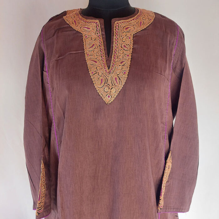 Brown Cotton Summer Pheran with Tilla Work