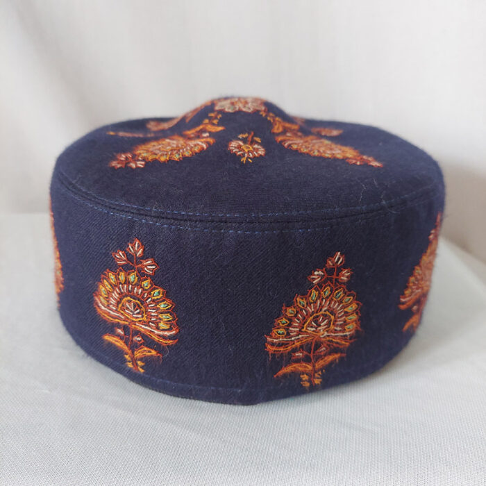Dark Blue Pure Pashmina Hand Sozni Cap - Image 3