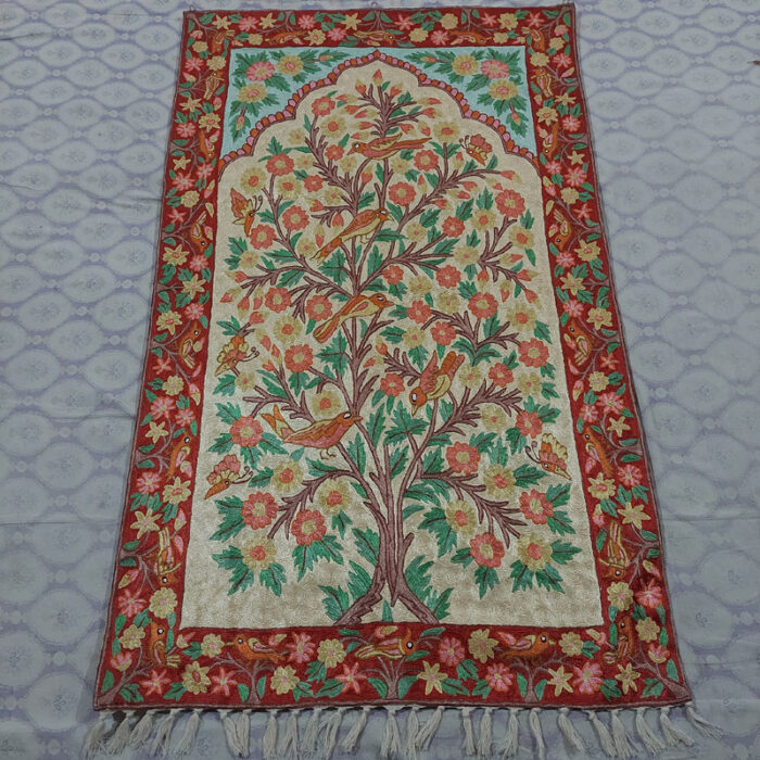 Large Tree of Life 5ft Silk Wall Hanging, Kashmir Chain-Stitch Handmade Tapestry Rug