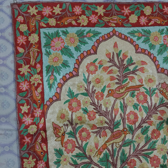 Large Tree of Life 5ft Silk Wall Hanging, Kashmir Chain-Stitch Handmade Tapestry Rug - Image 3