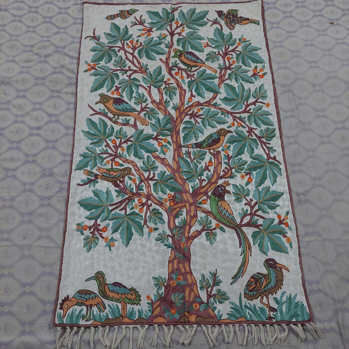 Large Handmade Tree of Life 5ft Silk Wall Hanging, Kashmir Chain-Stitch Tapestry Rug