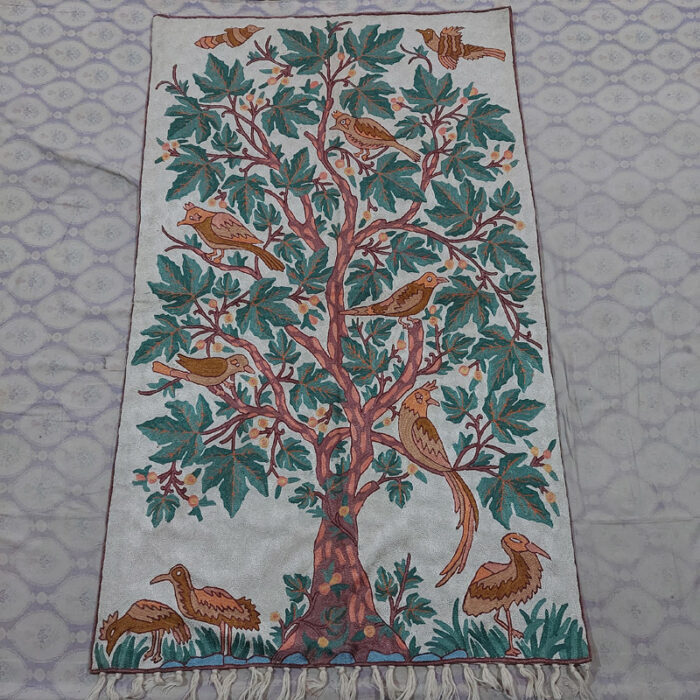 Kashmiri Large Handmade Tree of Life 5ft Silk Wall Hanging, Chain-Stitch Tapestry Rug