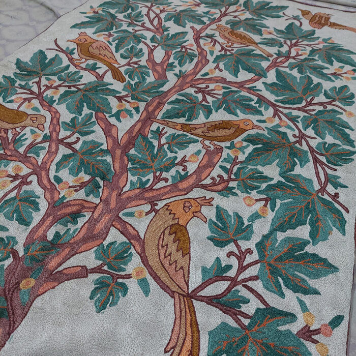 Kashmiri Large Handmade Tree of Life 5ft Silk Wall Hanging, Chain-Stitch Tapestry Rug - Image 2