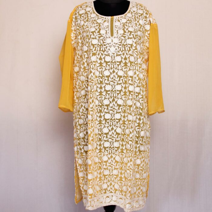 Yellow White Georgette Aari Kurta - Image 3