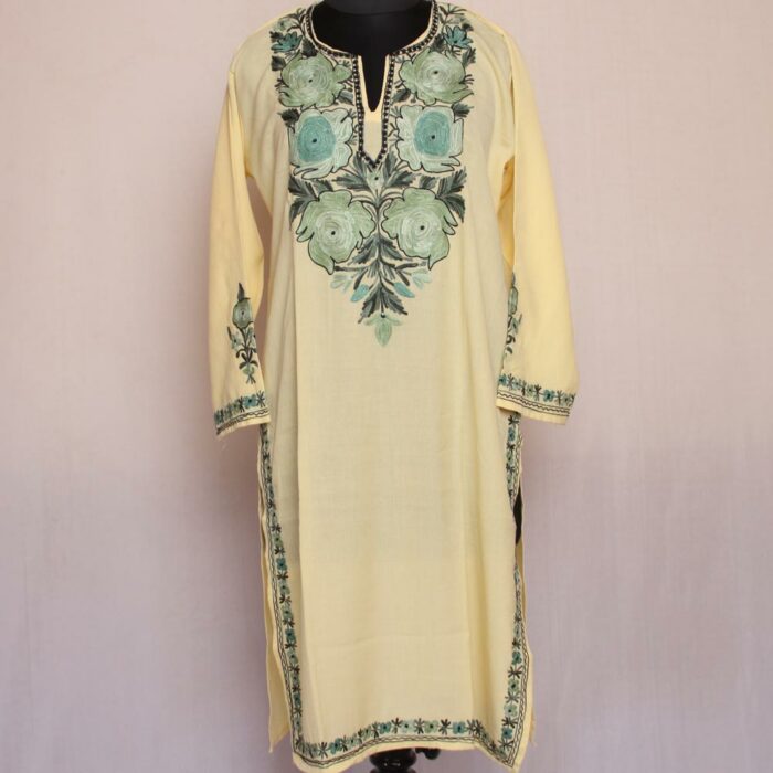 Light Yellow Bodh Posh Summer Cool Cotton Aari Kurta - Image 2