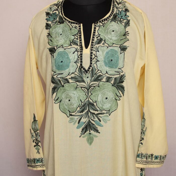 Light Yellow Bodh Posh Summer Cool Cotton Aari Kurta