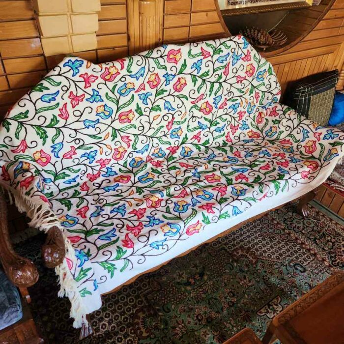 Tulip Blue RP Sofa Throw or Cover with Hand Crewel Embroidery