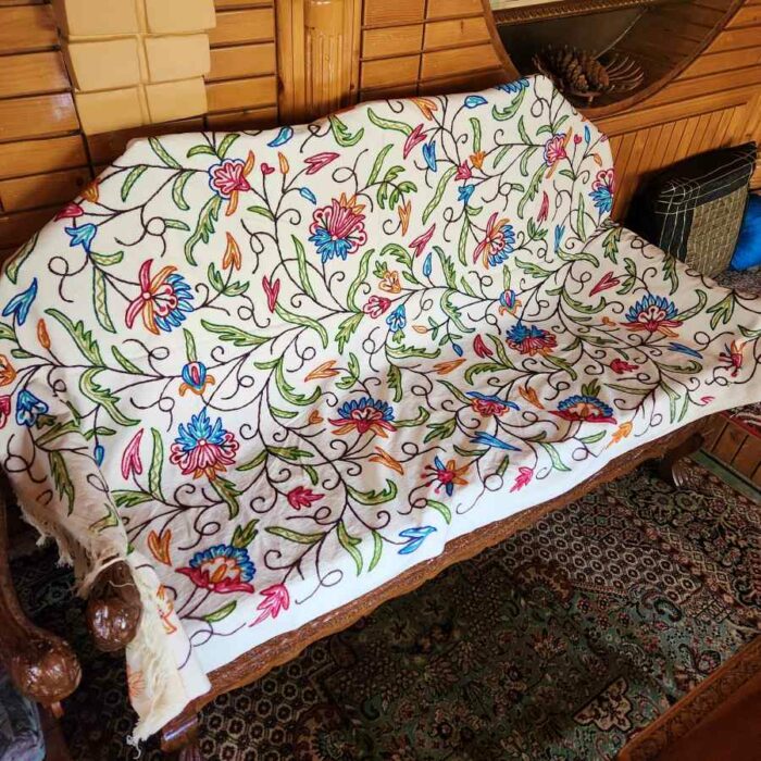 Bodh Red Blue Posh Sofa Throw or Cover with Hand Crewel Embroidery
