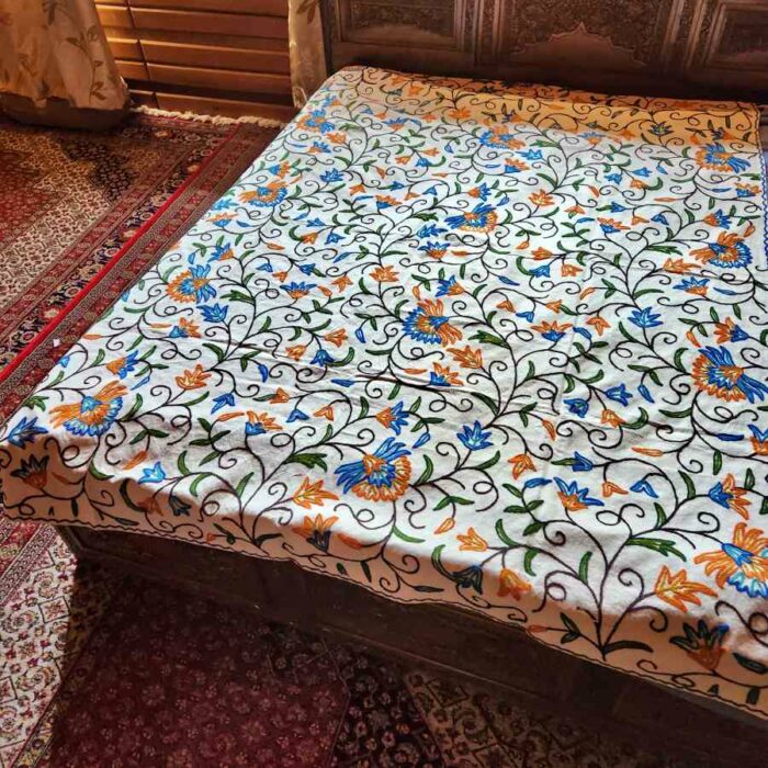 Blue Orange Single Bedcover with Hand Crewel Embroidery