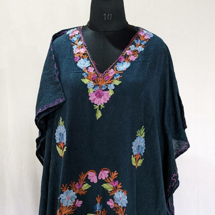 Dark Blue Green Crush Cotton Aari Work Kaftan L52