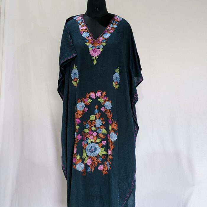 Dark Blue Green Crush Cotton Aari Work Kaftan L52 - Image 3