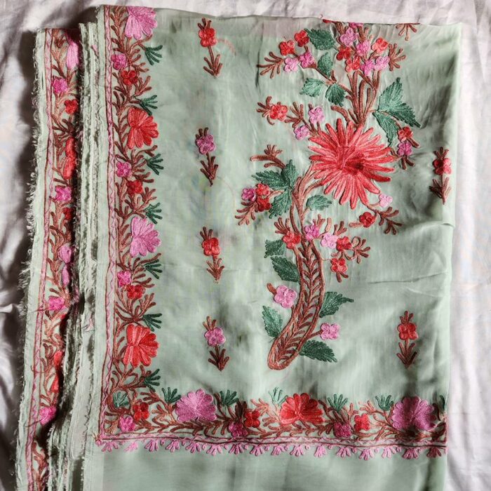 Light Green Organza Aari Embroidered Saree