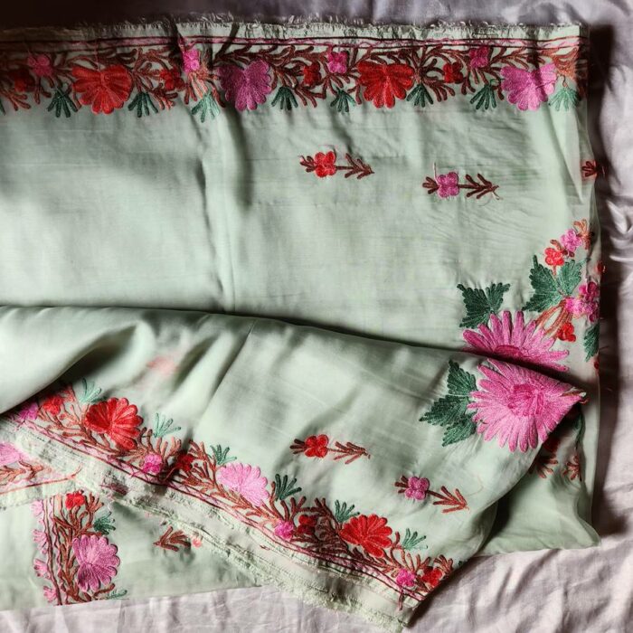 Light Green Organza Aari Embroidered Saree - Image 3