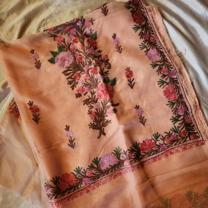 Peach Organza Aari Embroidered Saree
