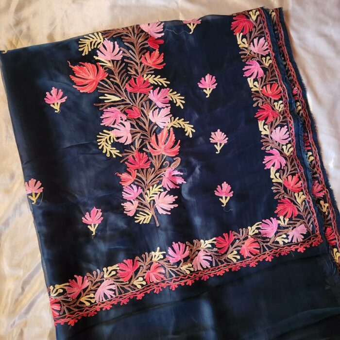 Green Pink Flower Organza Aari Embroidered Saree - Image 3