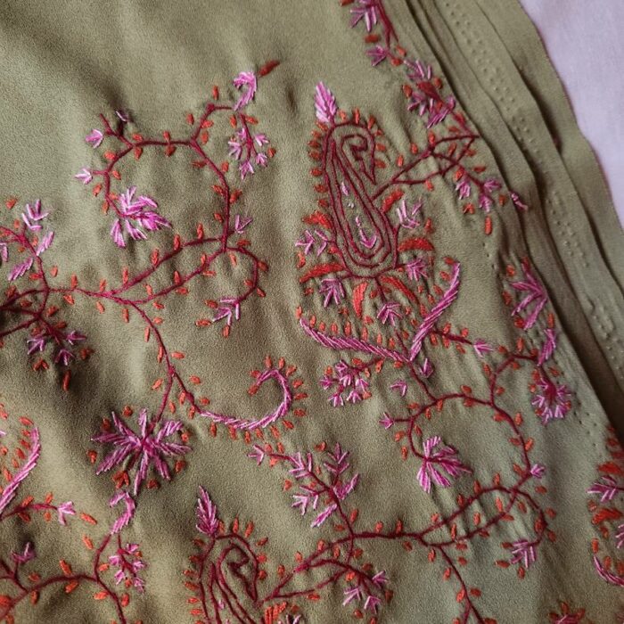 Green Crepe Sozni Embroidered Saree - Image 2