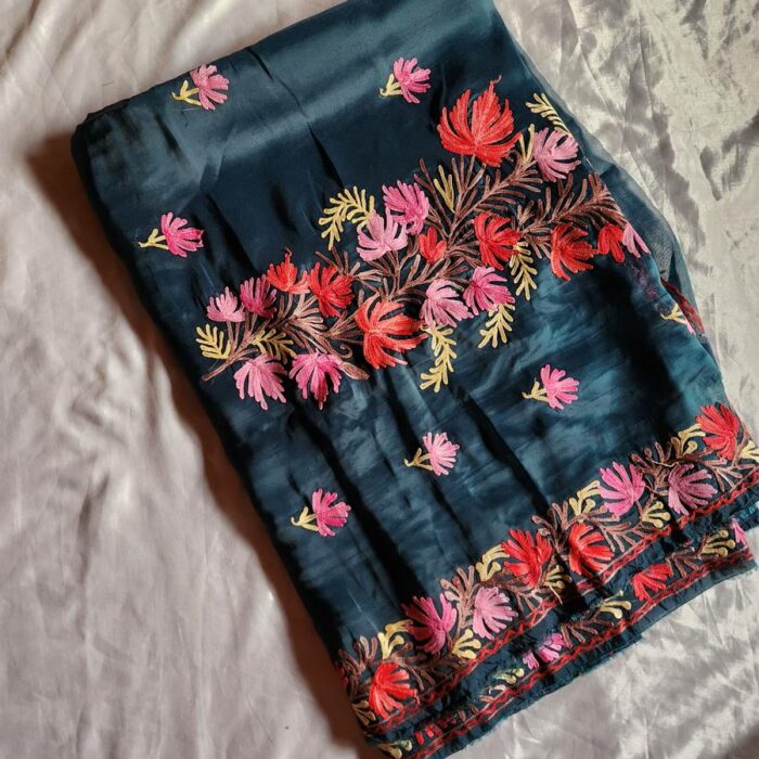 Green Pink Flower Organza Aari Embroidered Saree