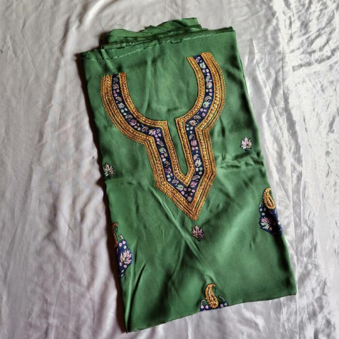 Green 3Pc Crepe Suit with Hand Sozni and Tilla Embroidery - Image 3
