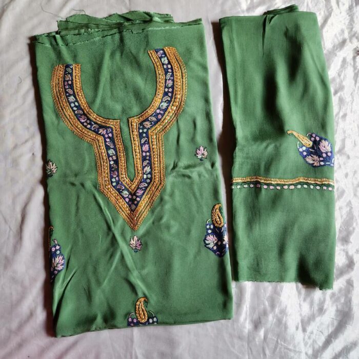 Green 3Pc Crepe Suit with Hand Sozni and Tilla Embroidery