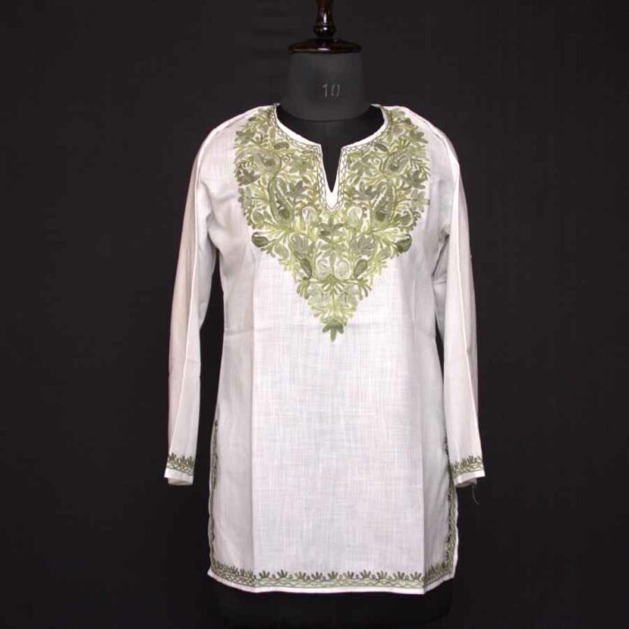 White Green Ruby Cotton Short Kurti with Ari Embroidery