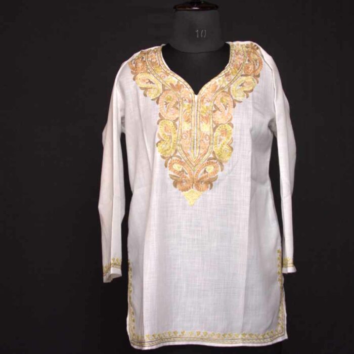 White Ruby Cotton Short Kurti with Pastel Ari Embroidery