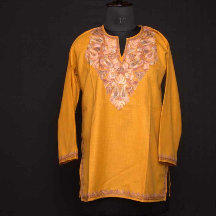Mustard Yellow Ruby Cotton Short Kurti with Ari Embroidery