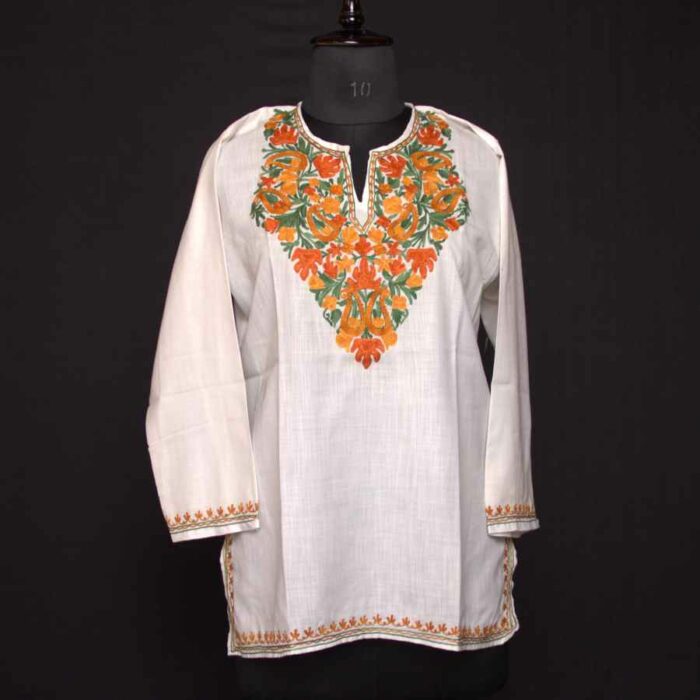 White Multi Ruby Cotton Short Kurti with Ari Embroidery