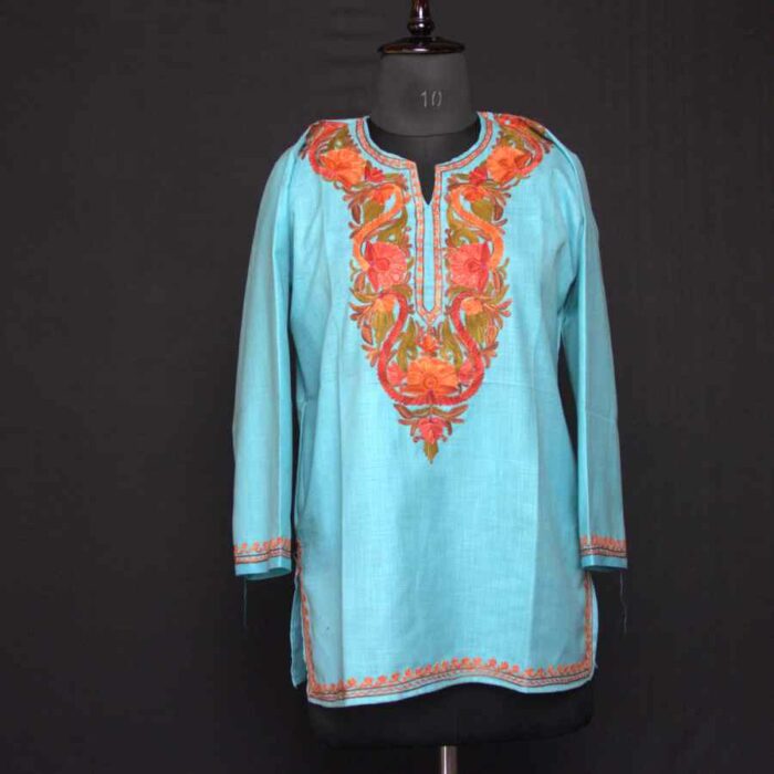 Blur Orange Ruby Cotton Short Kurti with Ari Embroidery