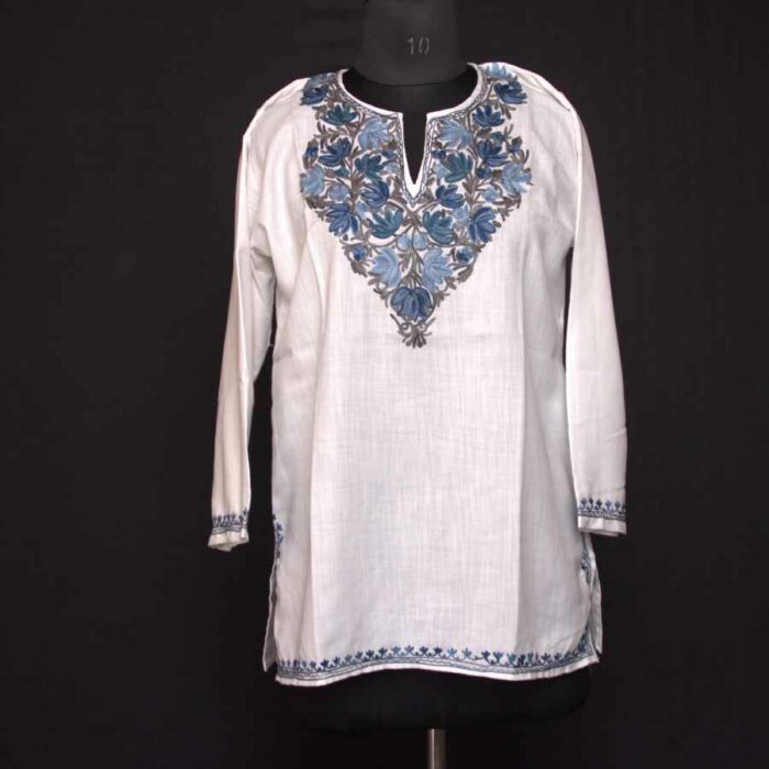 White Blue Ruby Cotton Short Kurti with Ari Embroidery