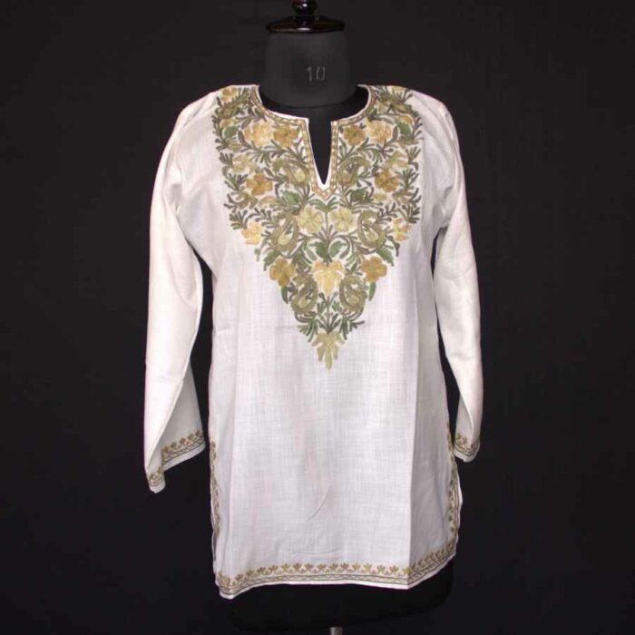 White Green Ruby Cotton Short Kurti with Ari Embroidery
