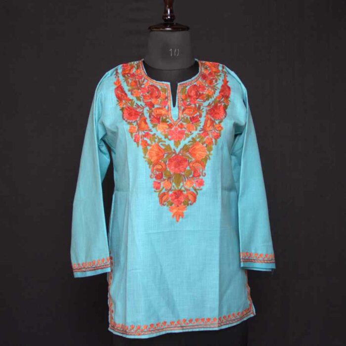 Blue Ruby Cotton Short Kurti with Ari Embroidery
