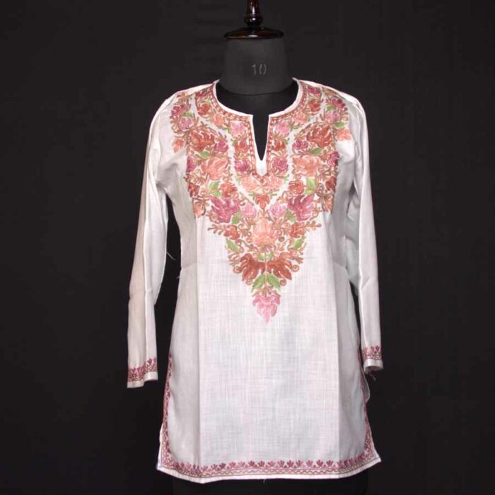 White Ruby Cotton Short Kurti with Pink Ari Embroidery