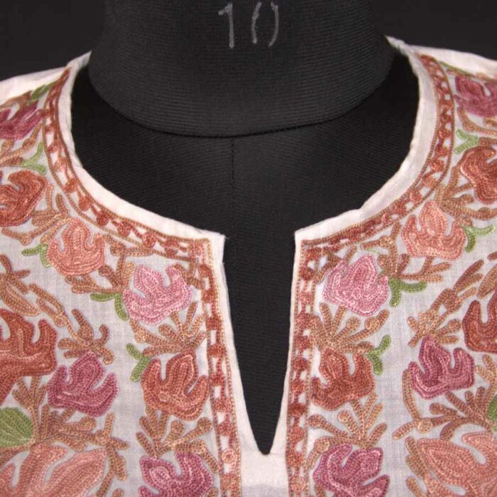 White Ruby Cotton Short Kurti with Pink Ari Embroidery - Image 2