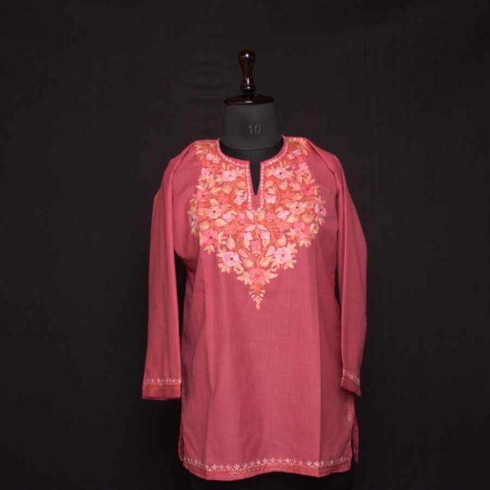 Gajri Pink Ruby Cotton Short Kurti with Ari Embroidery