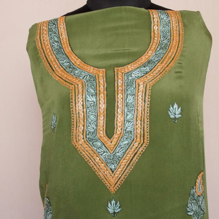 Luxe Green 3Pc Crepe Suit with Hand Sozni & Tilla Embroidery - Image 2