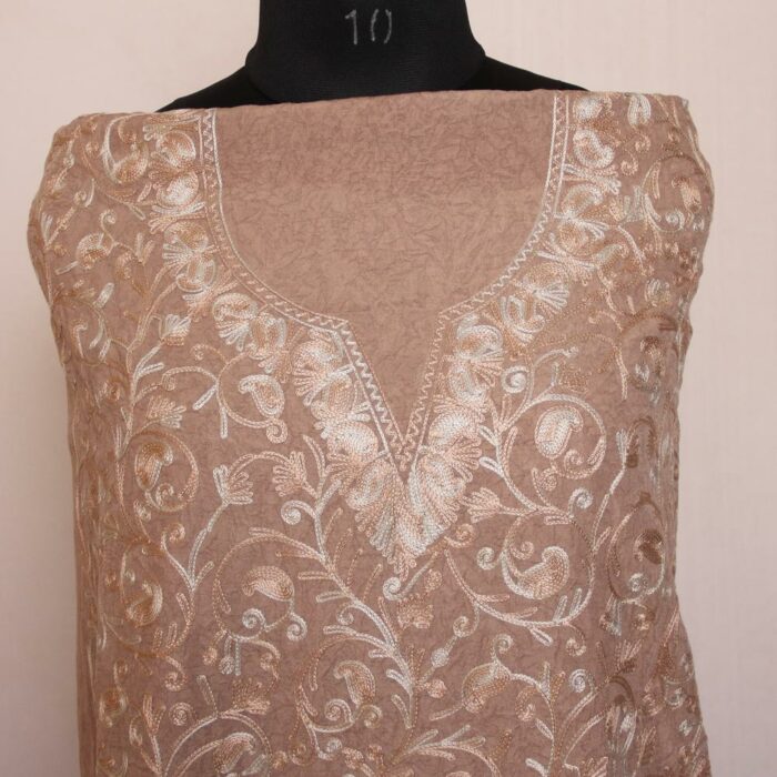 Dark Beige Crush Cotton 2pc Suit with Aari Work - Image 3