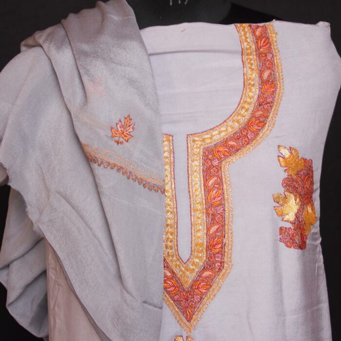 Grey 3Pc Crepe Suit with Hand Sozni & Tilla Embroidery - Image 2