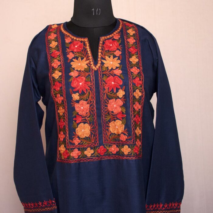 Dark Blue Ruby Cotton Kurta Featuring Intricate Aari Work