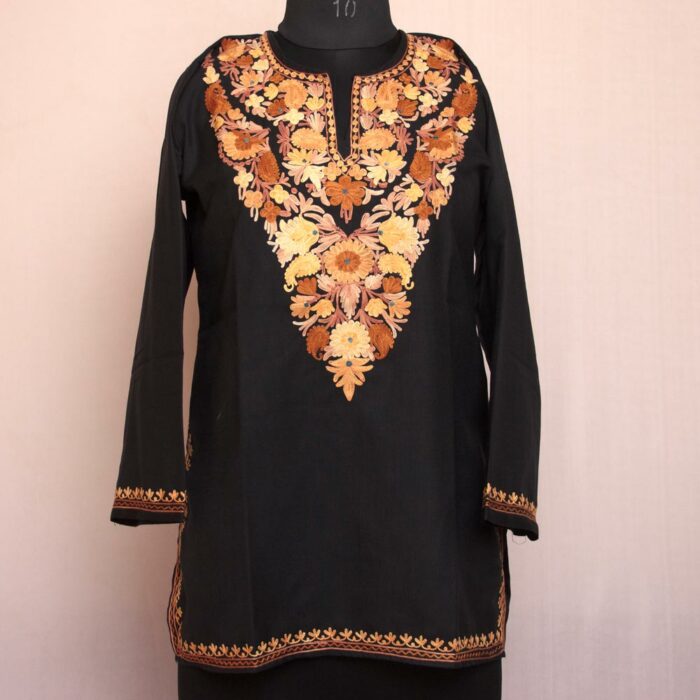 Black Bodh Posh Ruby Cotton Aari Short Kurti